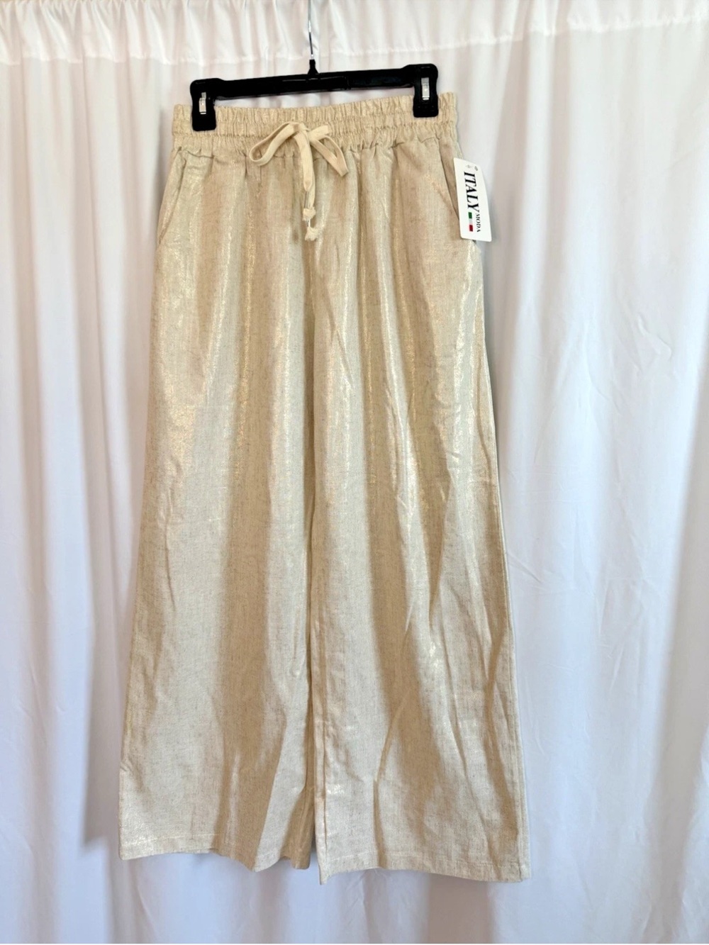 Gold Sheen Italian Linen Blend Wide Leg Pants - Size Medium NWT